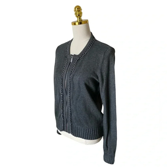 MICHAEL KORS | Women’s Zip-Up Dark Gray Chain Embroidered Cardigan Size M - Picture 3 of 8